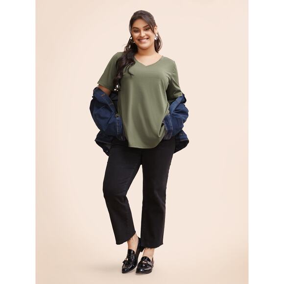 Size 12 Large Sage Green BloomChic Twist Back V Neck T shirt Stretch - Picture 3 of 8